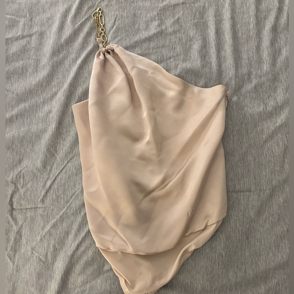 Elegant Cream/Gold Satin Bodysuit with Gold Chain